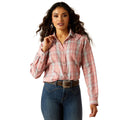 Woman wearing a pink plaid shirt, blue jeans, and a cowboy hat on a white background