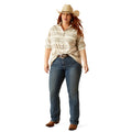 Woman wearing a striped shirt, jeans, and a cowboy hat on a white background