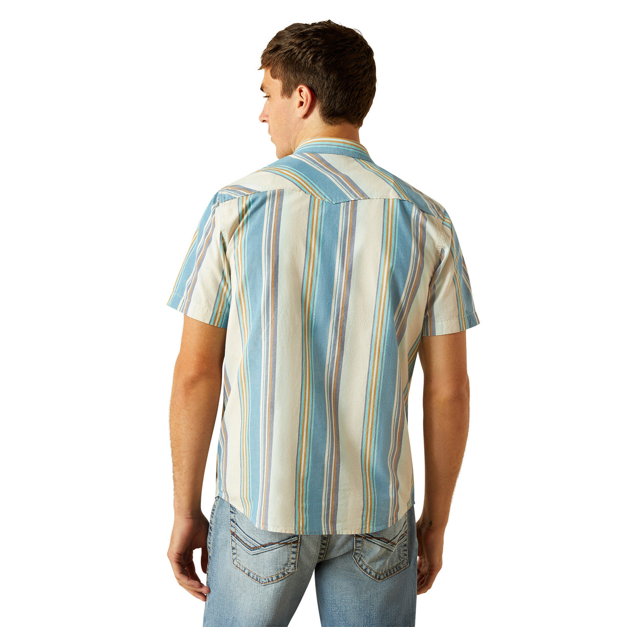 Man wearing a striped shirt and jeans on a white background