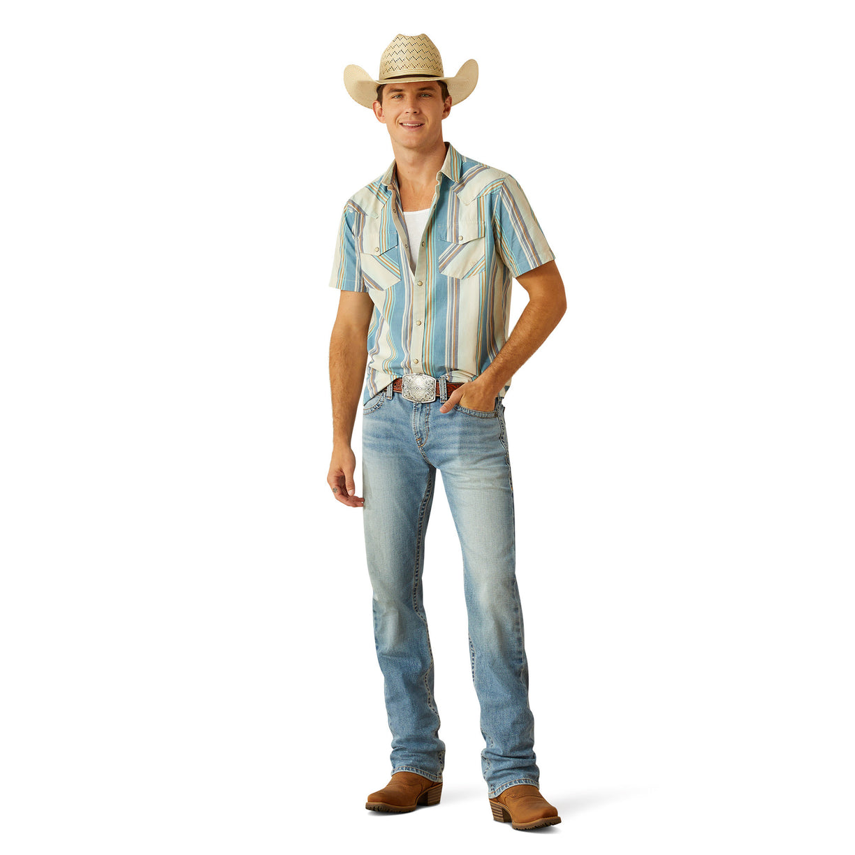 Man wearing a striped shirt, jeans, and a cowboy hat on a white background