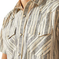 Close-up of a patterned shirt with vertical stripes and button details.