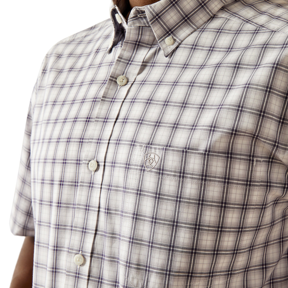 Plaid shirt with a brand logo on a white background