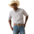 Man wearing a checkered shirt, jeans, and a cowboy hat on a white background