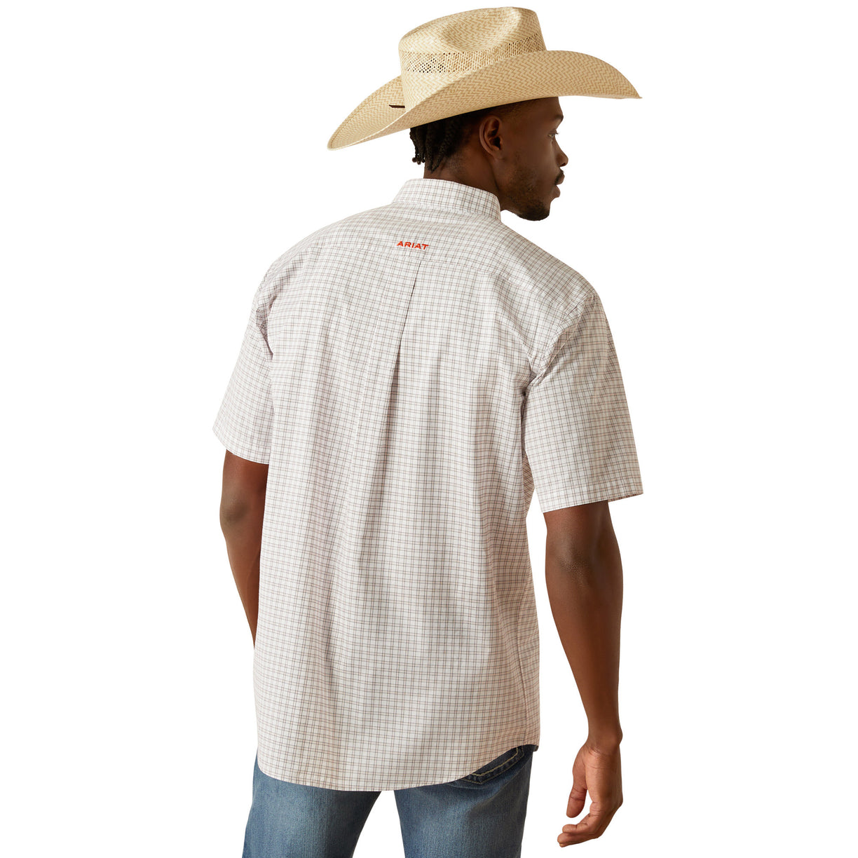 Man wearing a checkered shirt and cowboy hat on a white background