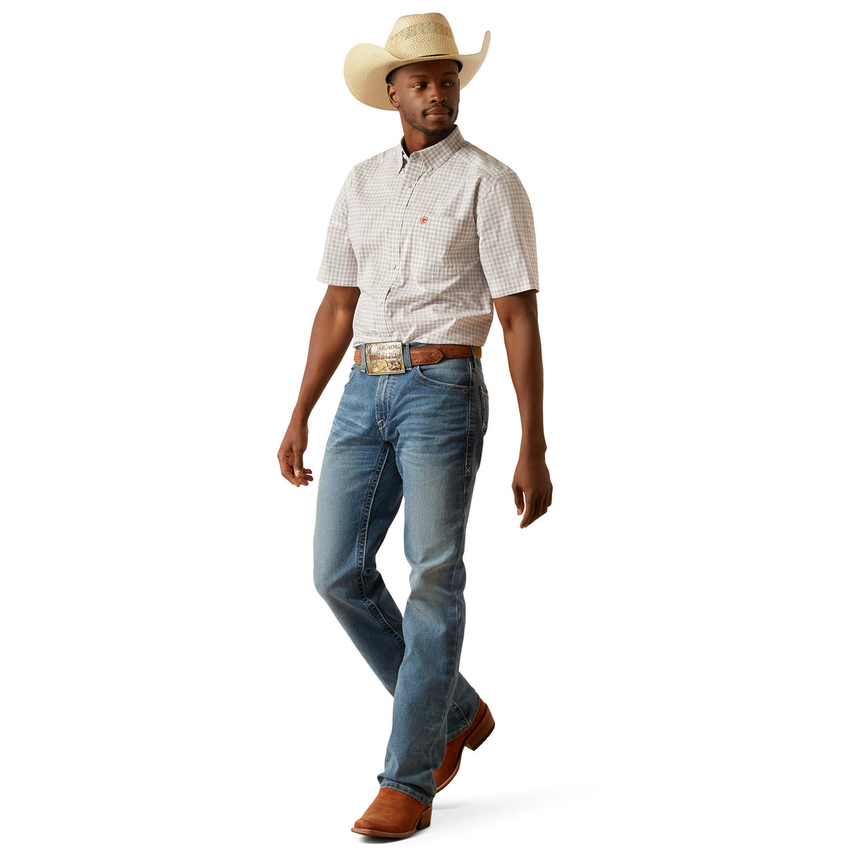 Man wearing a checkered shirt, jeans, and a cowboy hat on a white background
