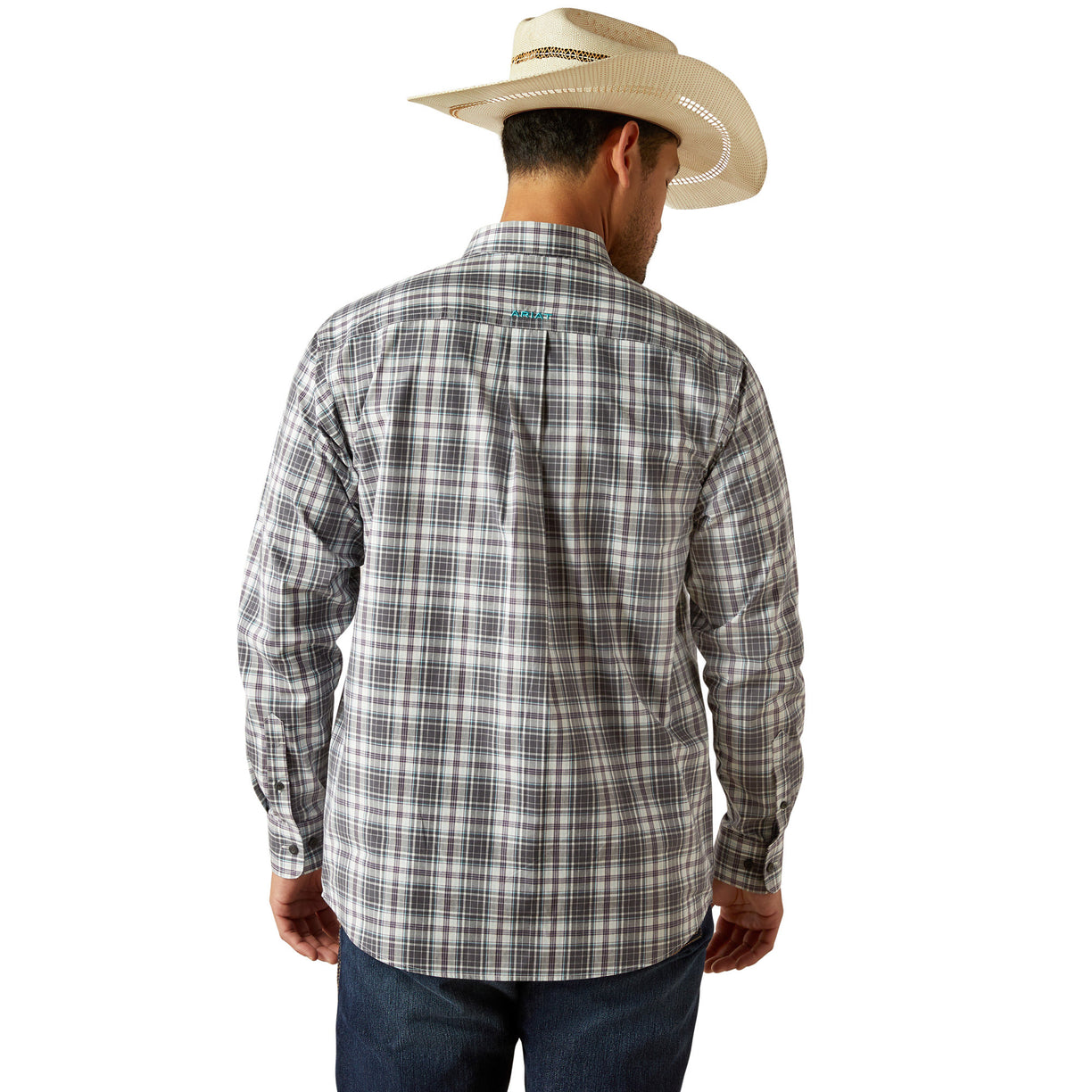 Person wearing a plaid shirt and cowboy hat on a white background
