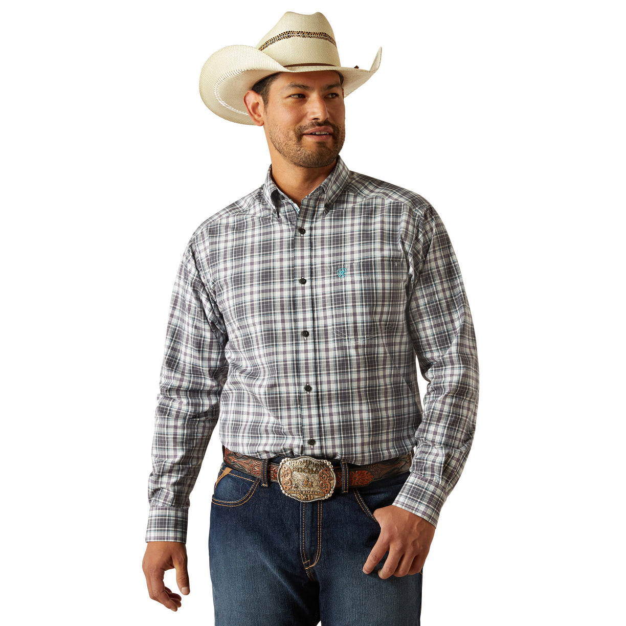 Man wearing a plaid shirt, jeans, and a cowboy hat on a white background