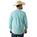 Man wearing a light blue checkered shirt and cowboy hat on a white background