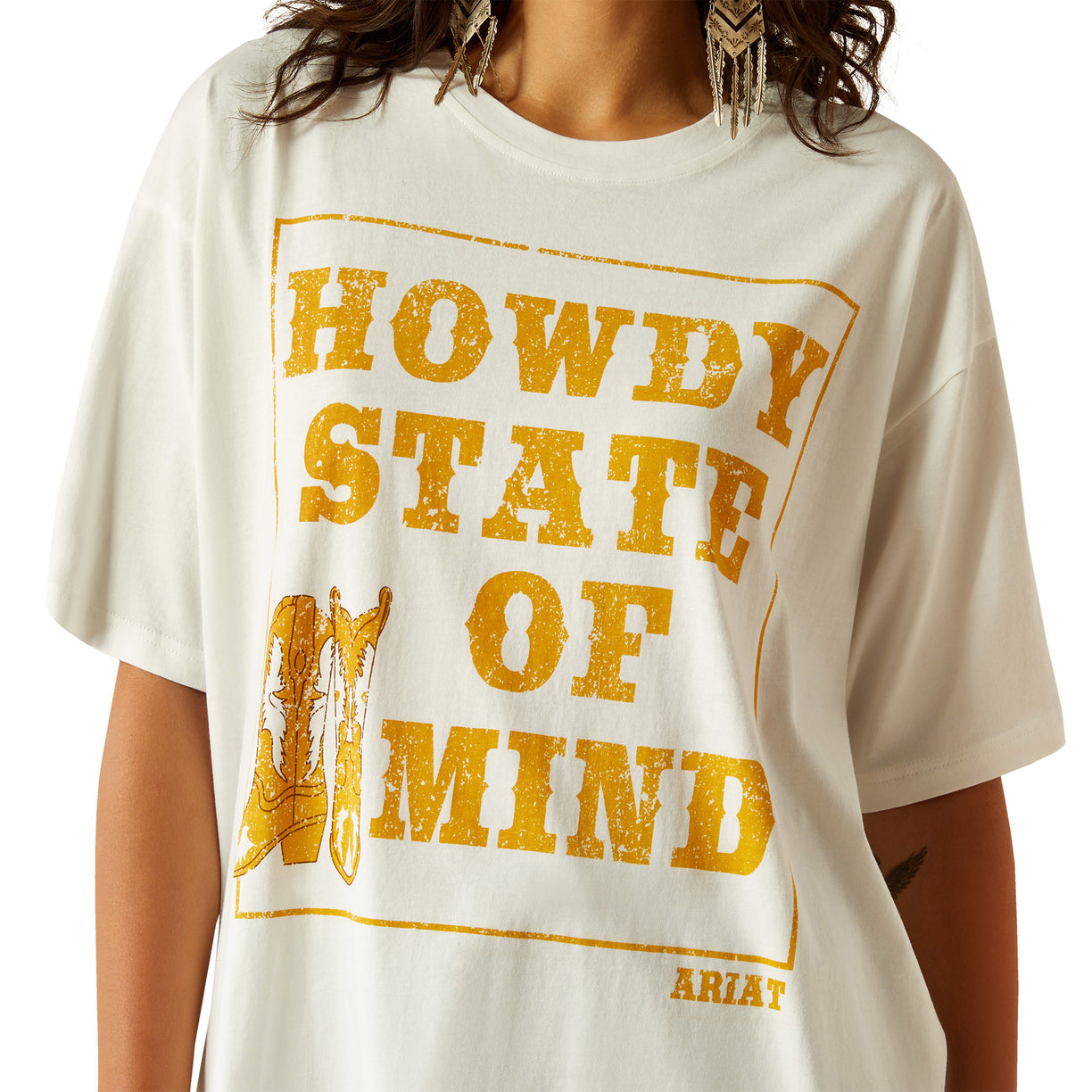 White t-shirt with yellow text 'HOWDY STATE OF MIND' on a white background