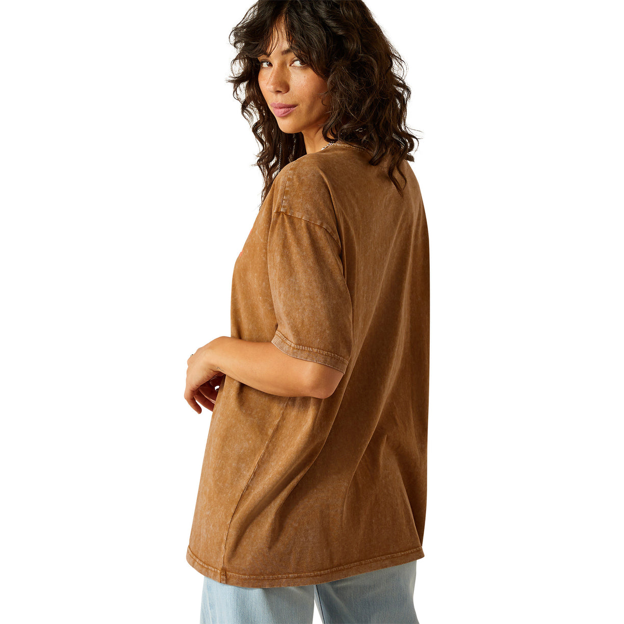Woman wearing a brown t-shirt on a white background