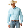 Man wearing a light blue shirt, jeans, and a cowboy hat on a white background