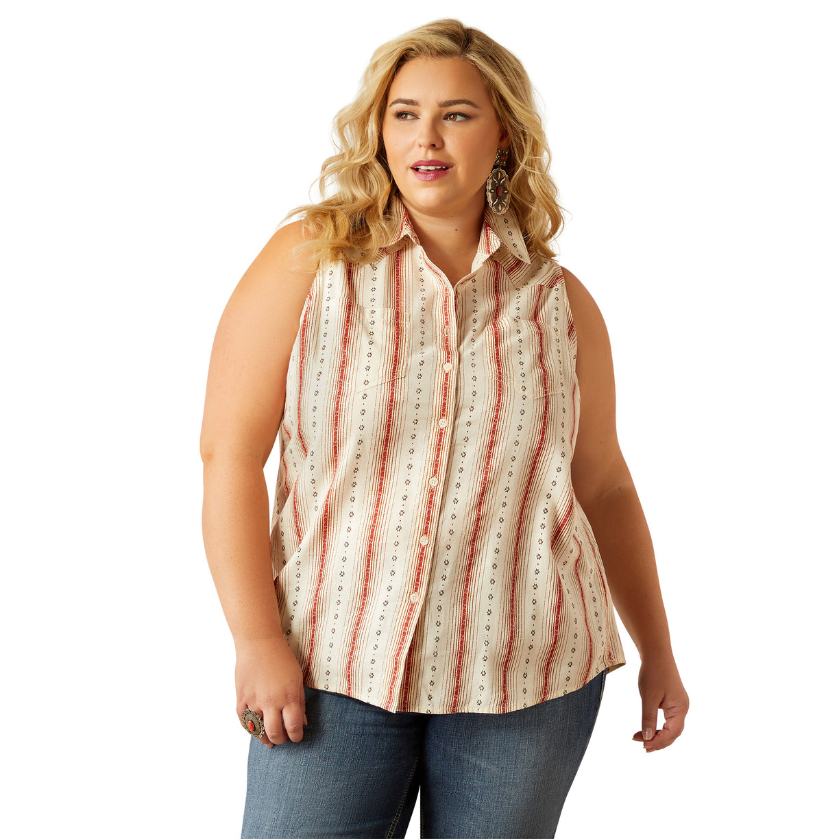 Woman wearing a sleeveless striped shirt and denim with a cowboy hat on a white background