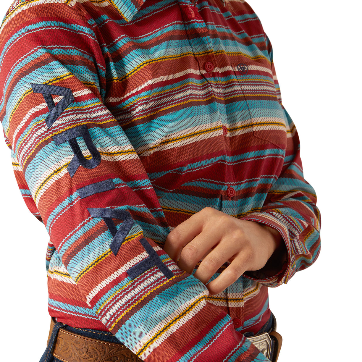 Colorful striped shirt with brand logo on a white background