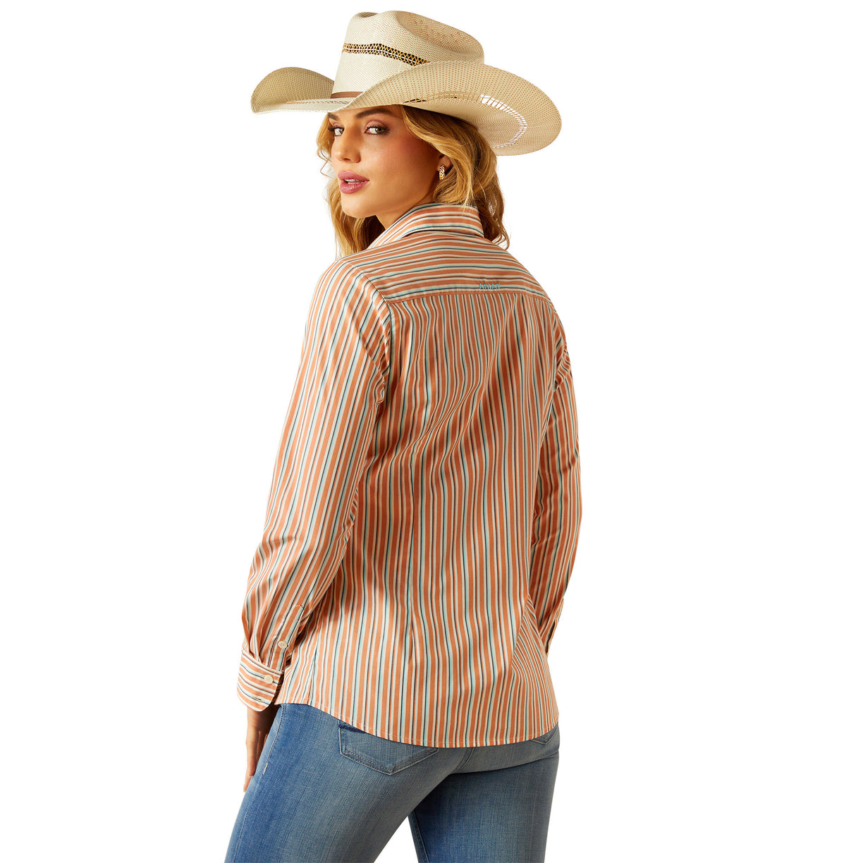 Woman wearing a striped shirt and cowboy hat on a white background