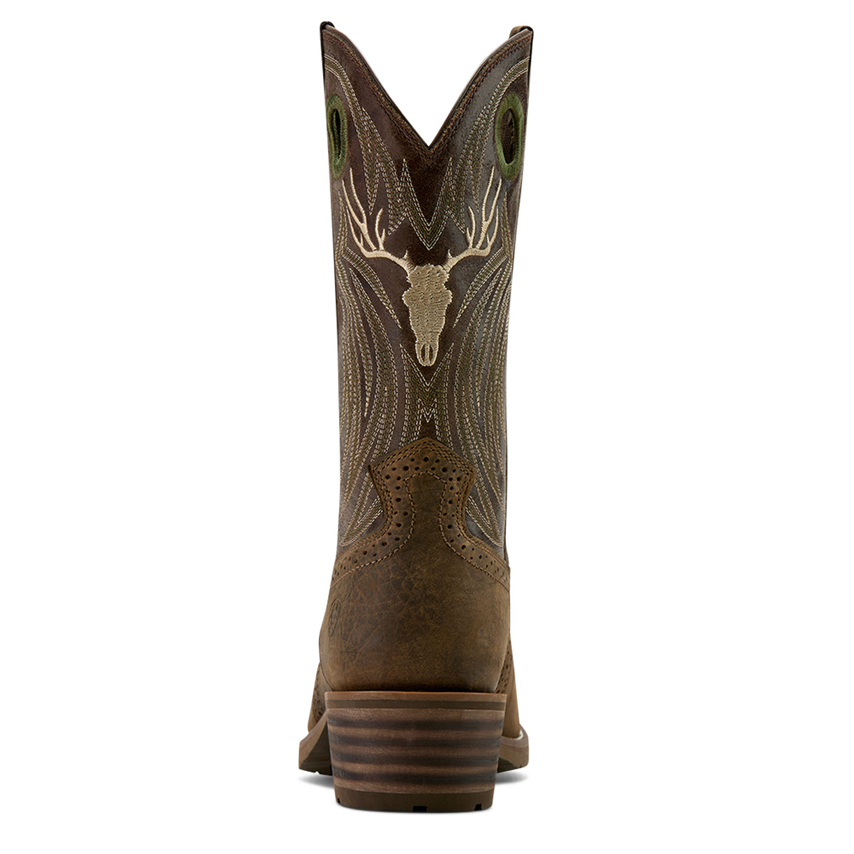 Ariat Men's Hybrid Roughstock Antler Cowboy Boot in wile taupe & espresso leather - Heel