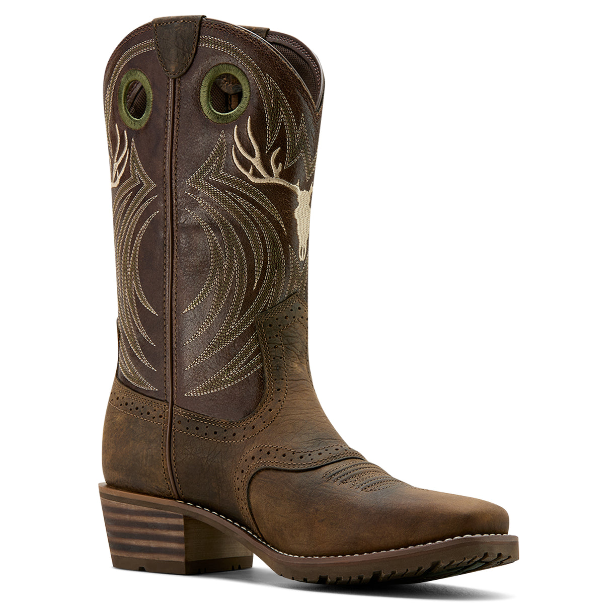 Ariat Men's Hybrid Roughstock Antler Cowboy Boot in wile taupe & espresso leather - Angle