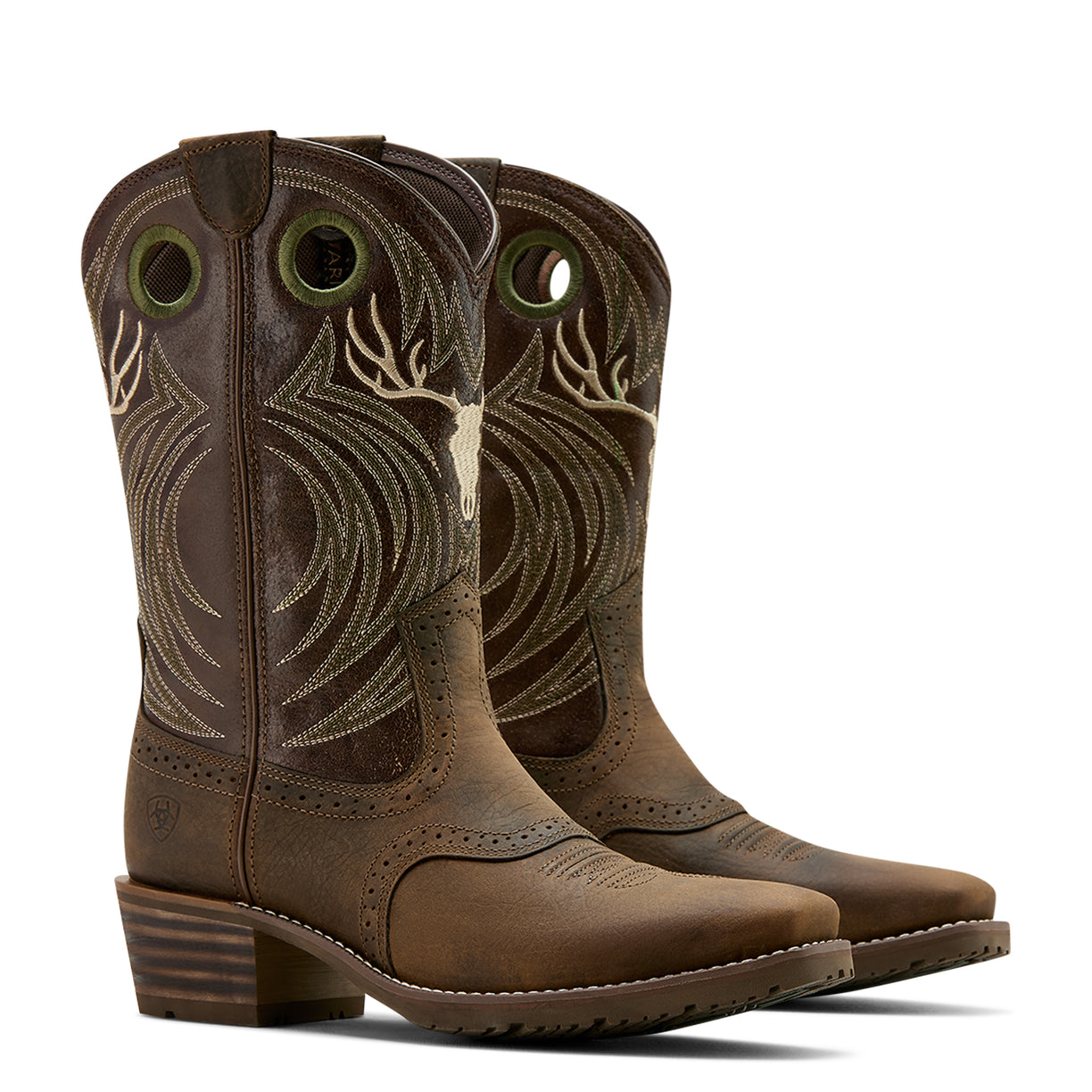 Ariat Men's Hybrid Roughstock Antler Cowboy Boot in wile taupe & espresso leather - Pair