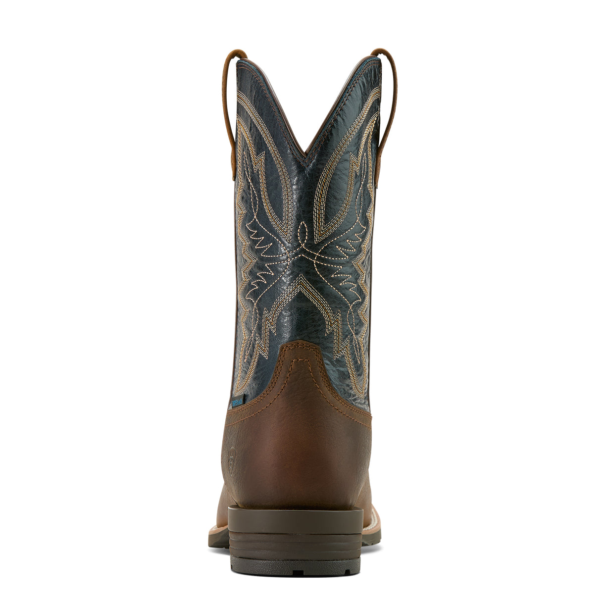 Ariat Men's Hybrid Ranchwork Waterproof Cowboy Boot in tavern taupe leather and dark denim - Heel
