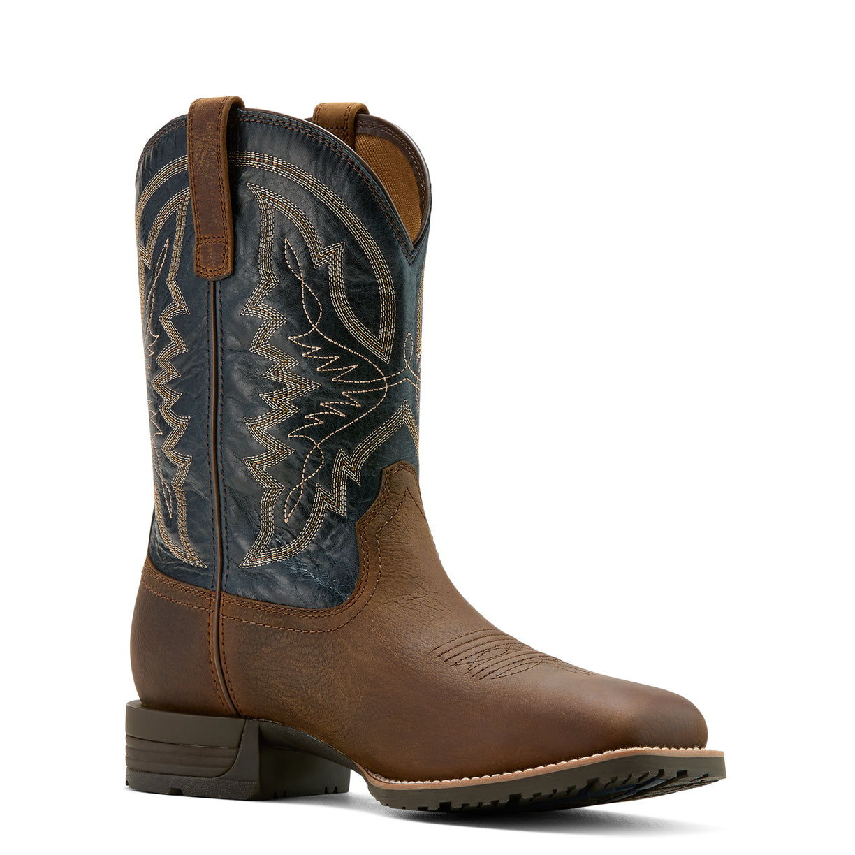 Ariat Men's Hybrid Ranchwork Waterproof Cowboy Boot in tavern taupe leather and dark denim - Angle