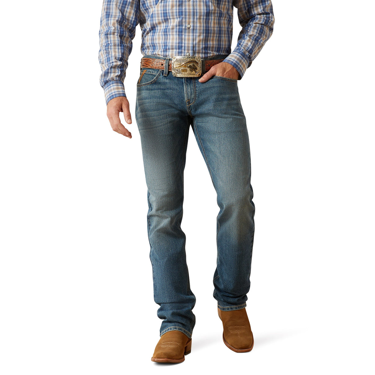 Person wearing blue jeans and a plaid shirt with a belt and boots on a white background