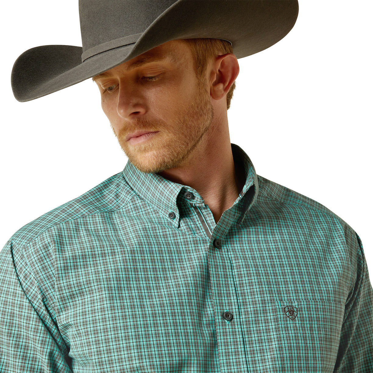 Man wearing a green plaid shirt and gray cowboy hat on a white background