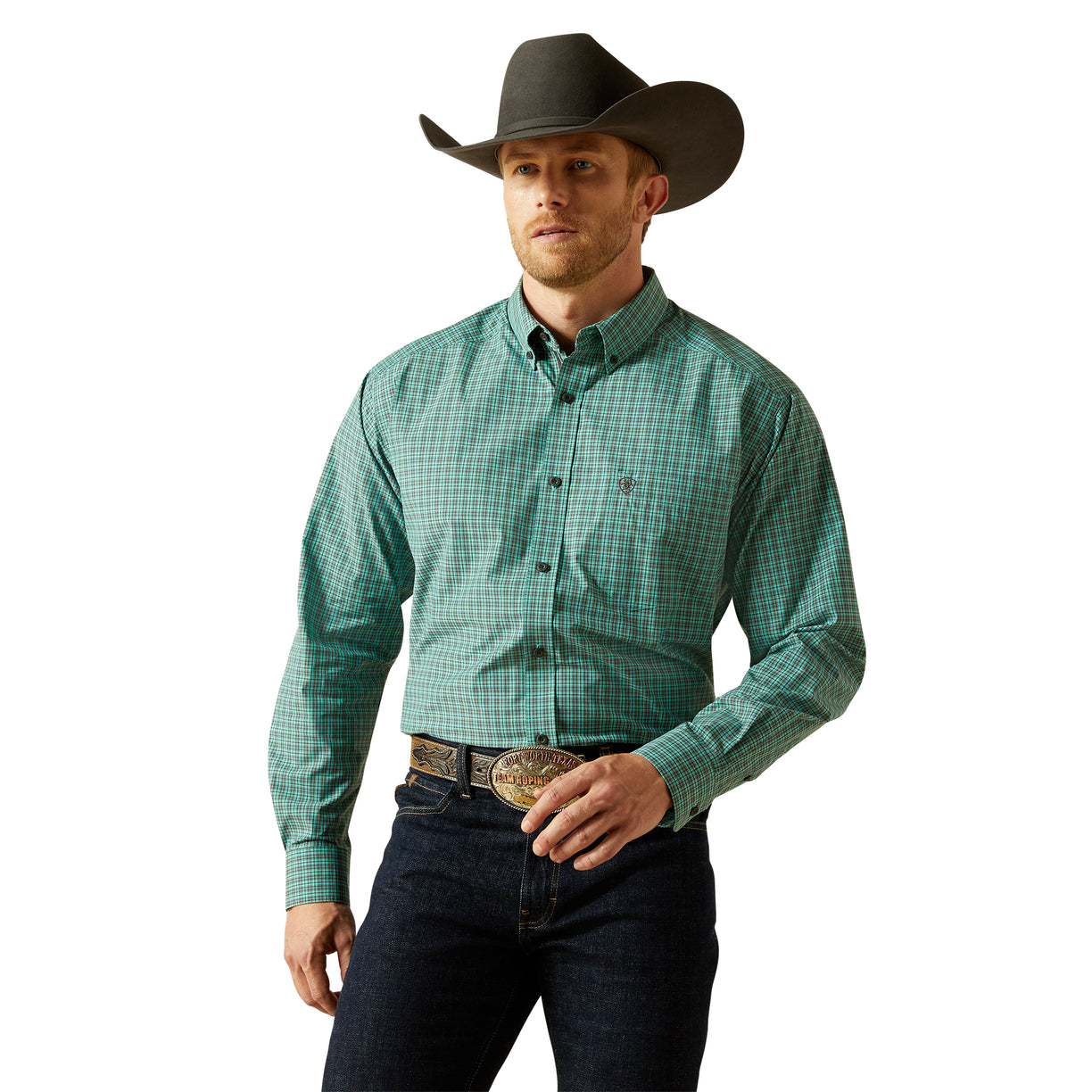 Man wearing a green checkered shirt, dark jeans, and a black cowboy hat on a white background