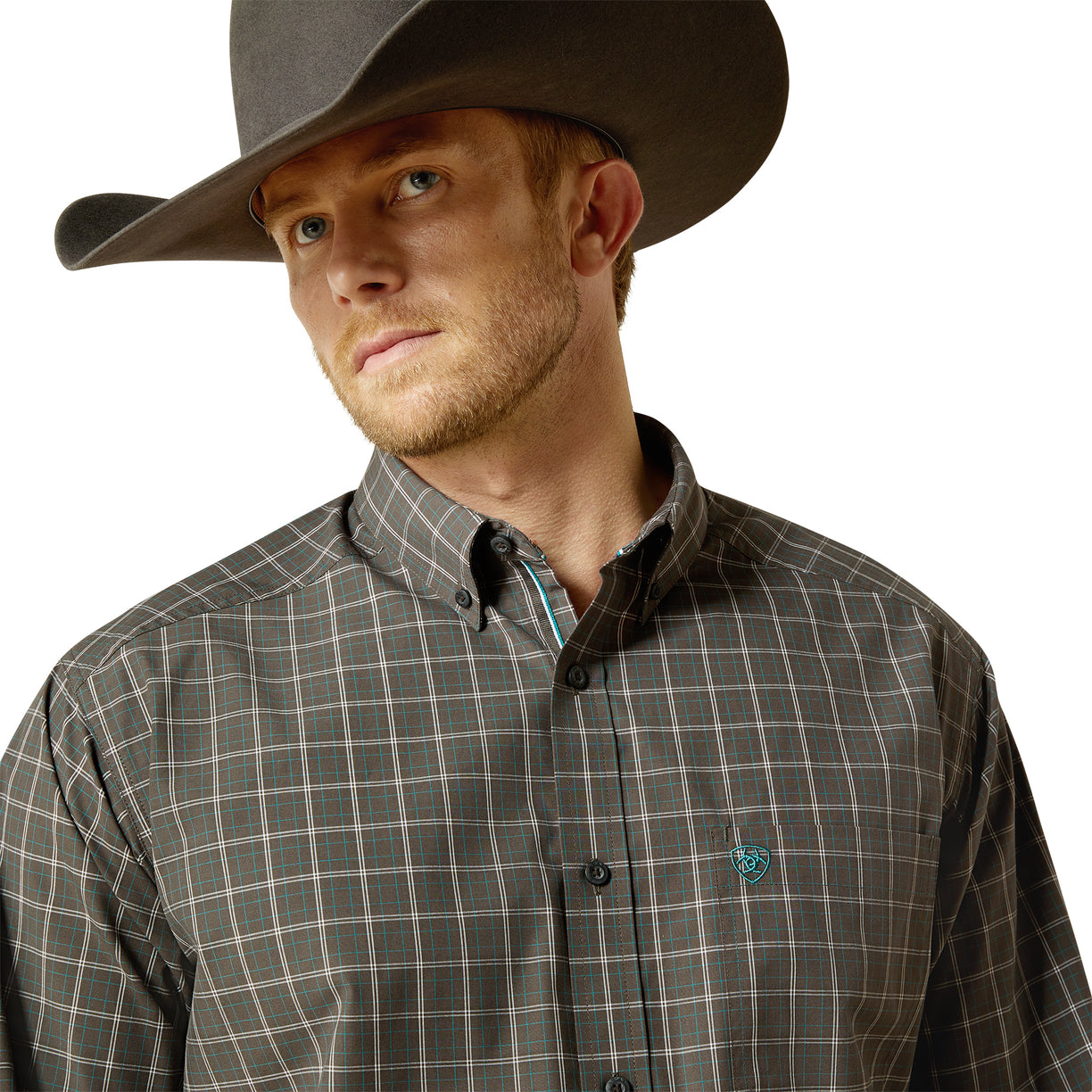 Man wearing a plaid shirt and cowboy hat on a white background
