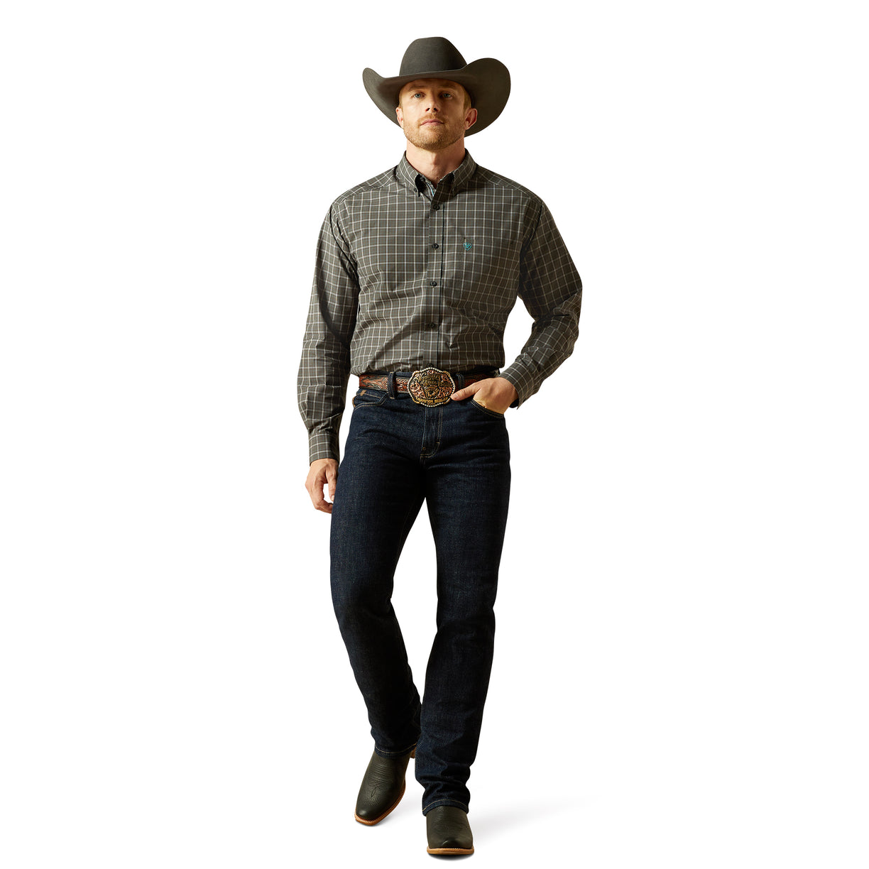 Man wearing a plaid shirt, jeans, and a cowboy hat on a white background