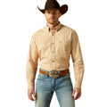 Man wearing a yellow checkered shirt, blue jeans, and a brown cowboy hat on a white background