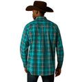 Person wearing a green plaid shirt and brown cowboy hat on a white background