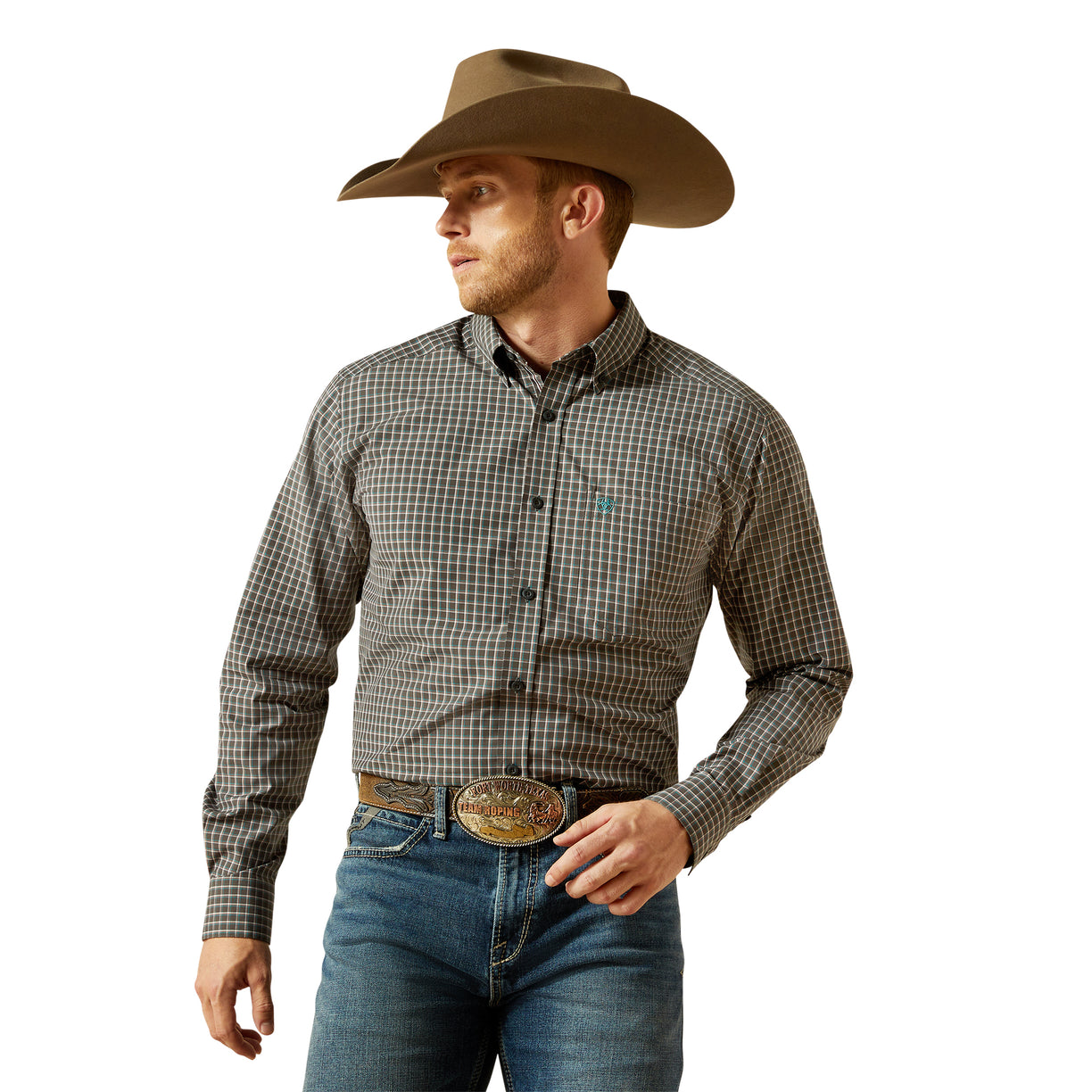 Man wearing a plaid shirt, jeans, and a cowboy hat on a white background
