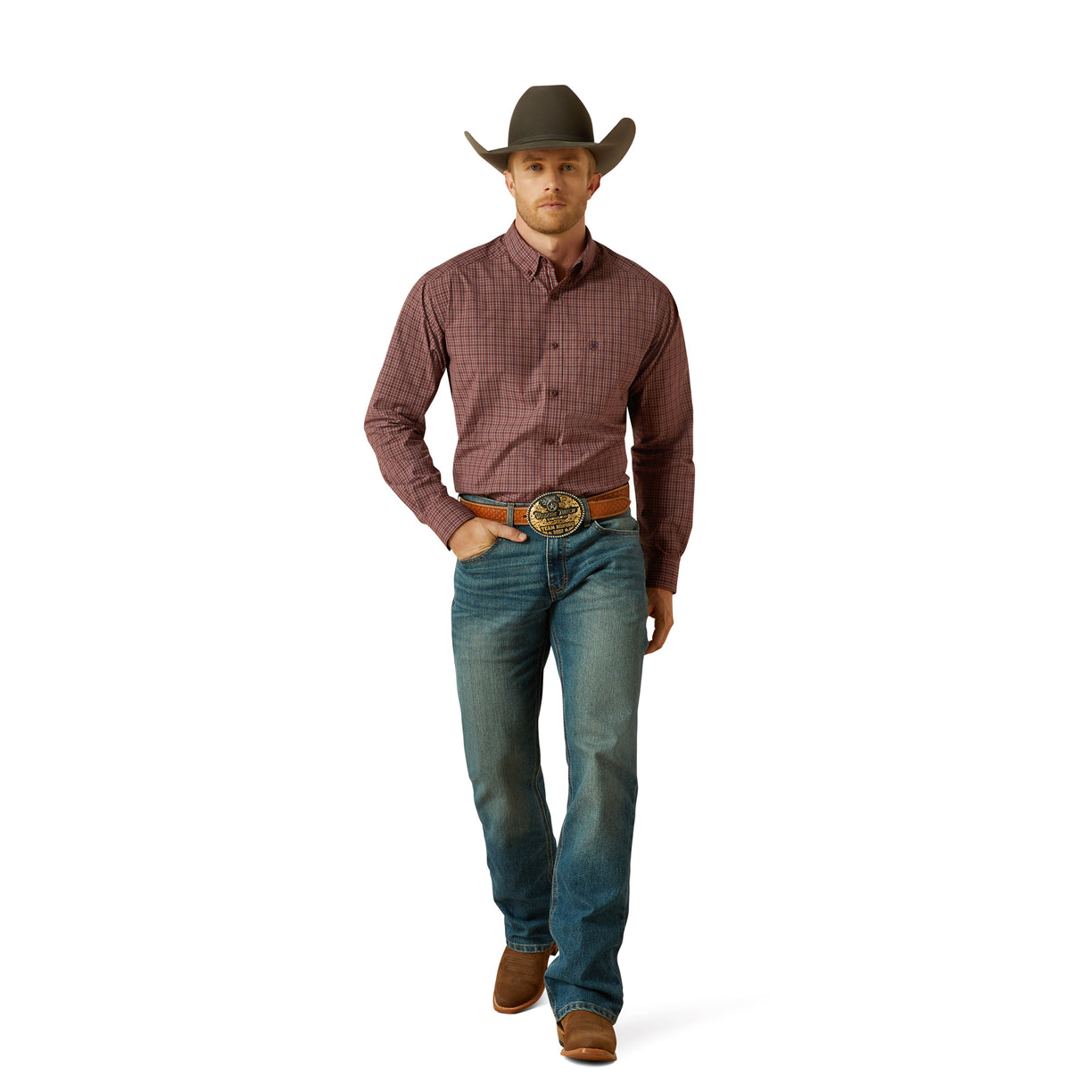 Man wearing a brown checkered shirt, blue jeans, and a cowboy hat on a white background