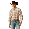 Man wearing a plaid shirt, jeans, and a cowboy hat on a white background