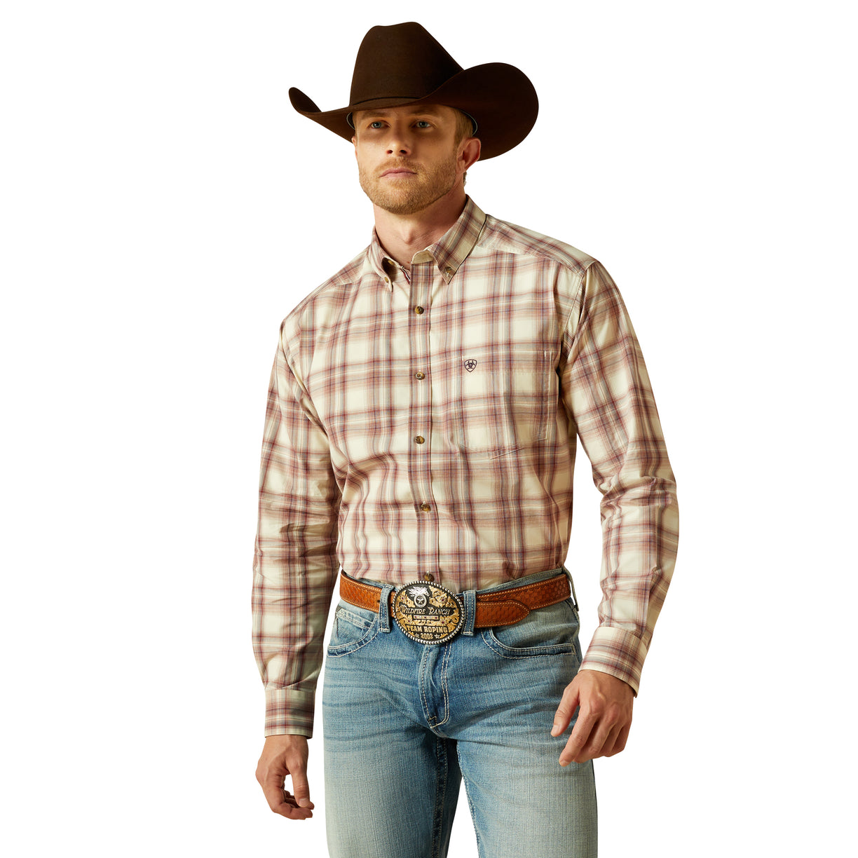 Man wearing a plaid shirt, jeans, and a cowboy hat on a white background