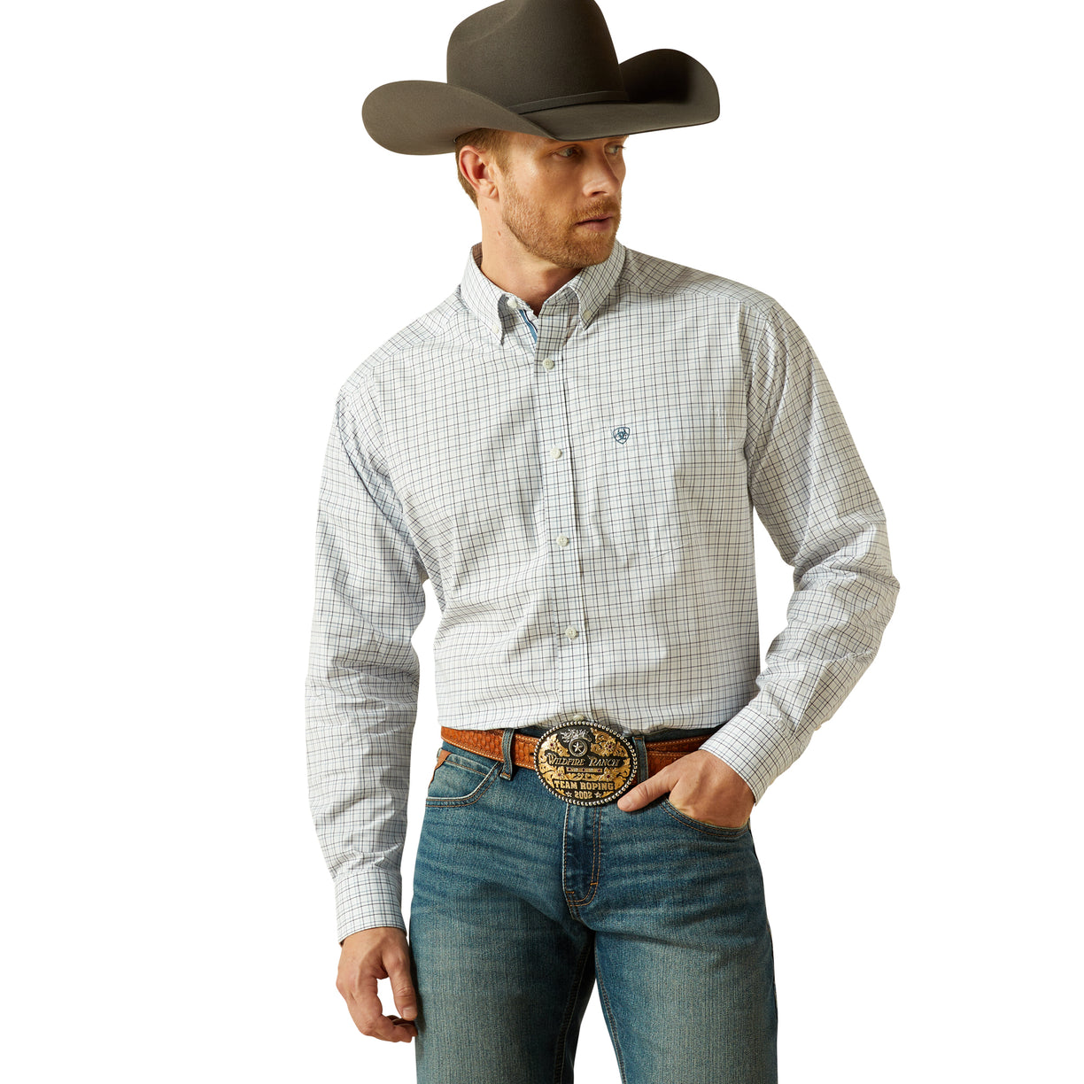 Man wearing a checkered shirt, jeans, and a cowboy hat on a white background
