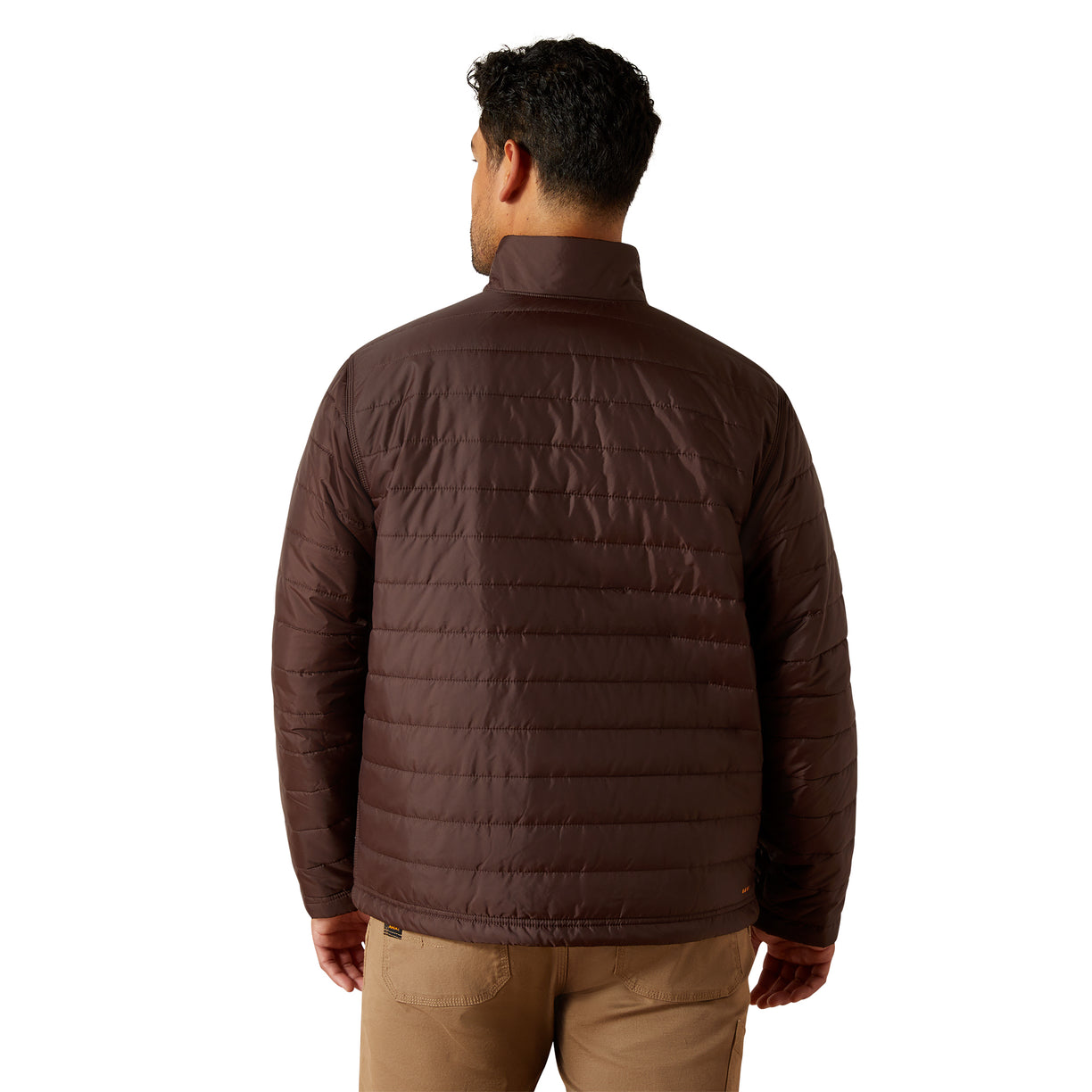 Man wearing a brown puffer jacket on a white background