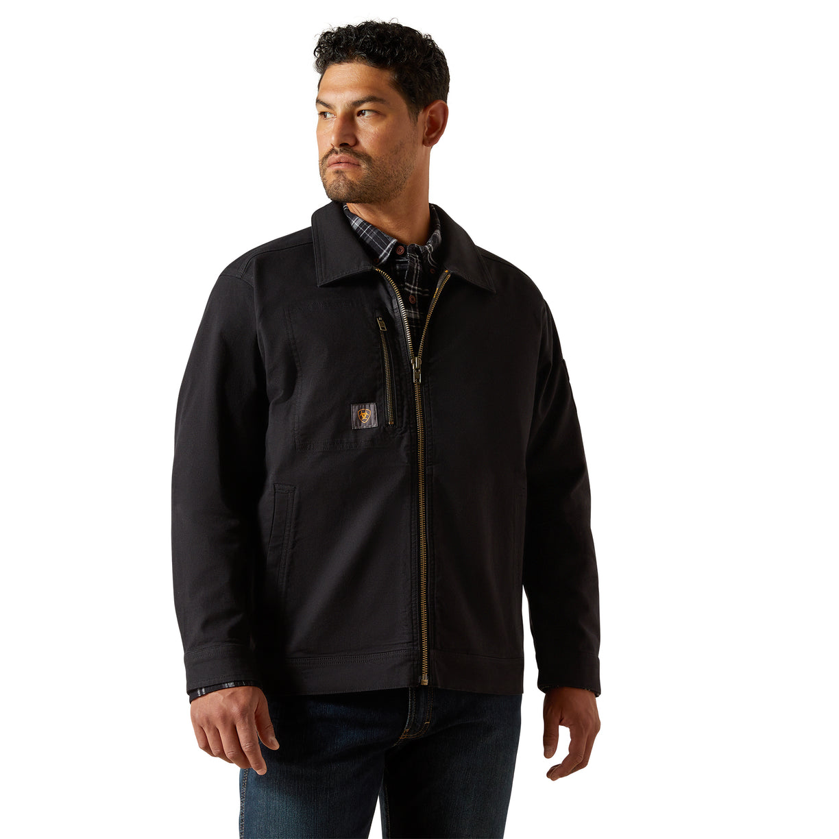 Man wearing a black jacket on a white background