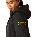 Person wearing a dark hoodie with Ariat logo on a white background