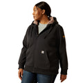Woman wearing a black jacket with a brand logo on a white background