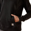 Black hoodie with a brand logo on the chest pocket against a white background