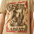 Beige t-shirt with 'Kicking Up Dust' and Ariat graphic design.