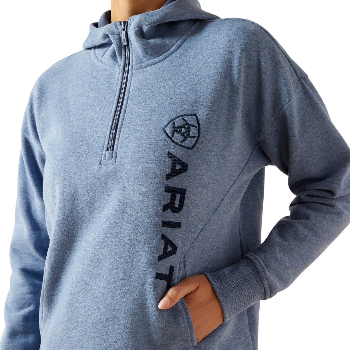 Gray hoodie with a logo and text on a white background