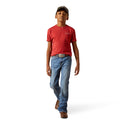 Person wearing a red shirt and blue jeans on a white background