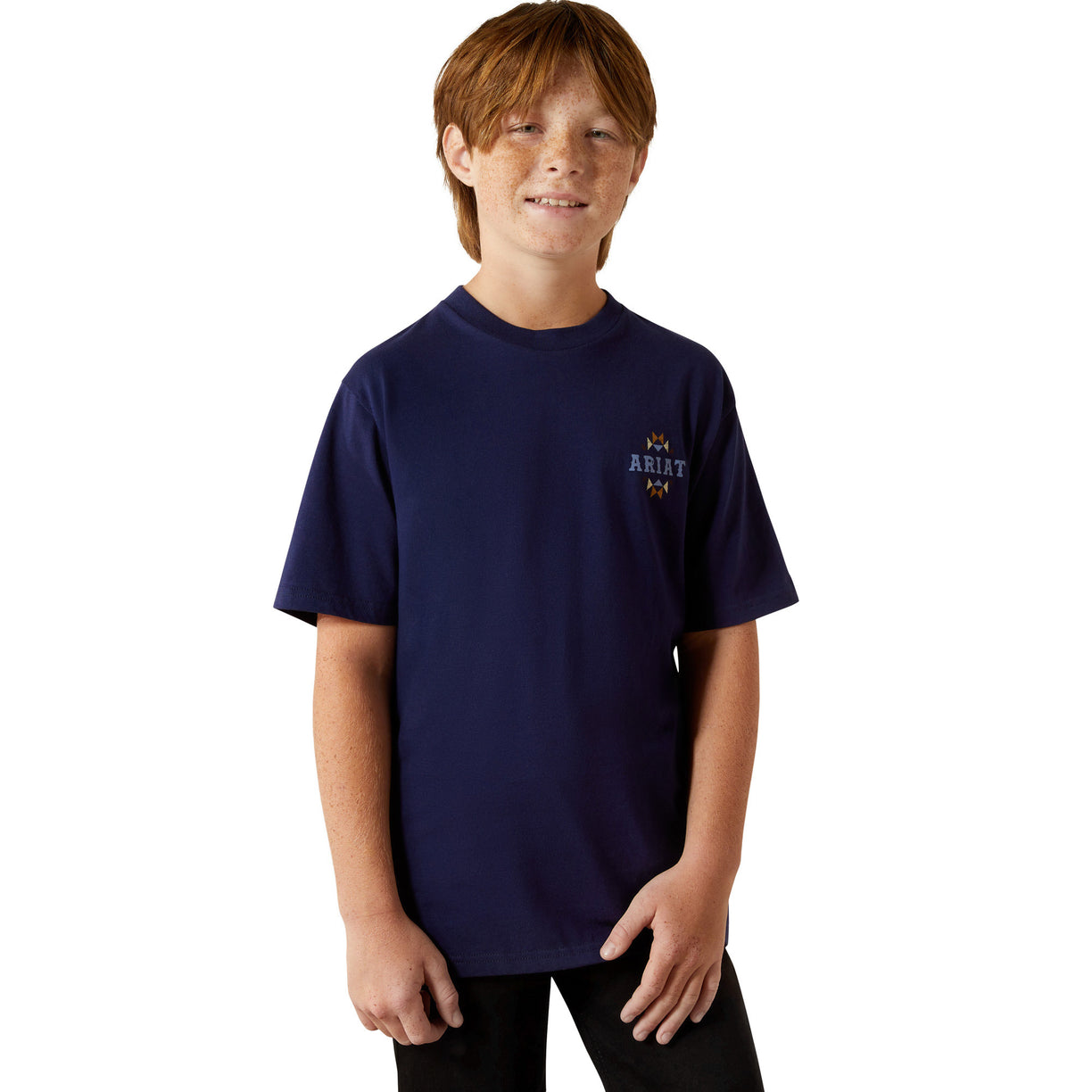 Child wearing a navy blue t-shirt with a logo on a white background