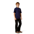 Person wearing a navy blue t-shirt and black pants on a white background