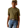 Child wearing an olive green Ariat t-shirt and blue jeans on a white background