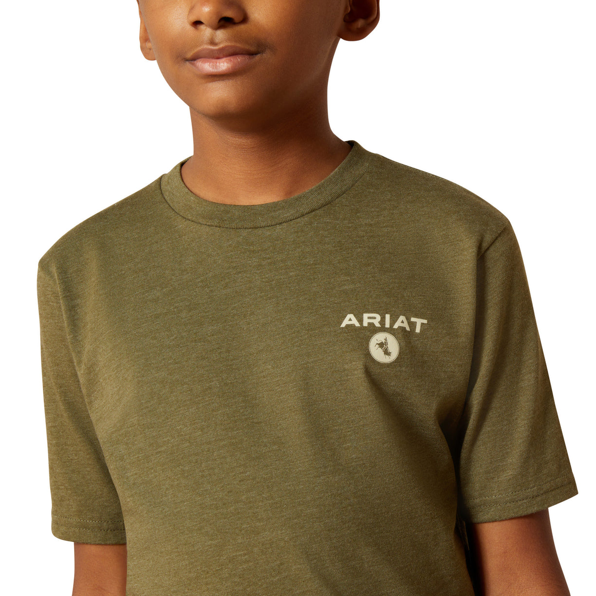 Person wearing a green Ariat t-shirt on a white background