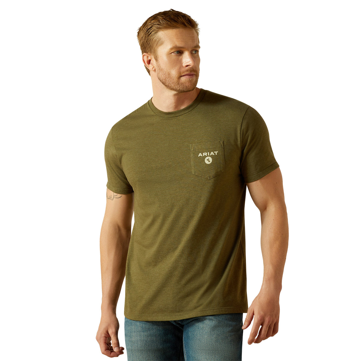 Man wearing an olive green t-shirt with a brand logo on a white background