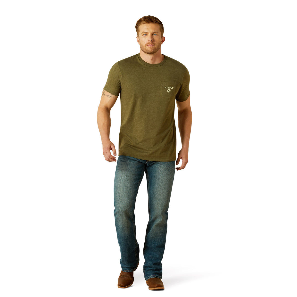Man wearing a green t-shirt and blue jeans on a white background