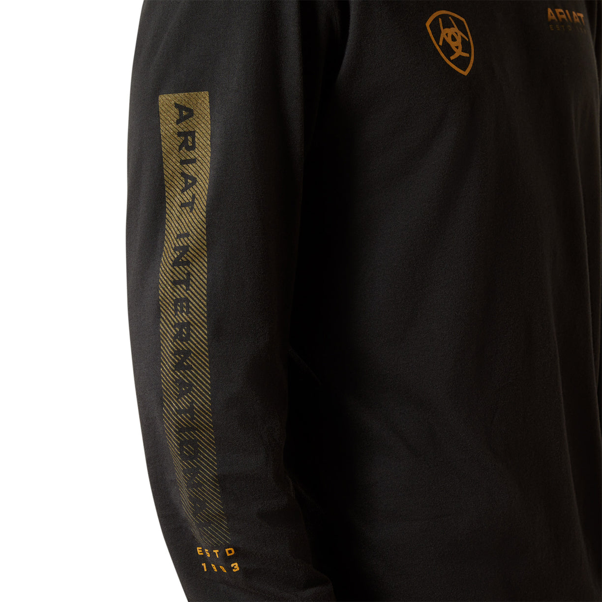 Black long-sleeve shirt with gold text and logo on a white background